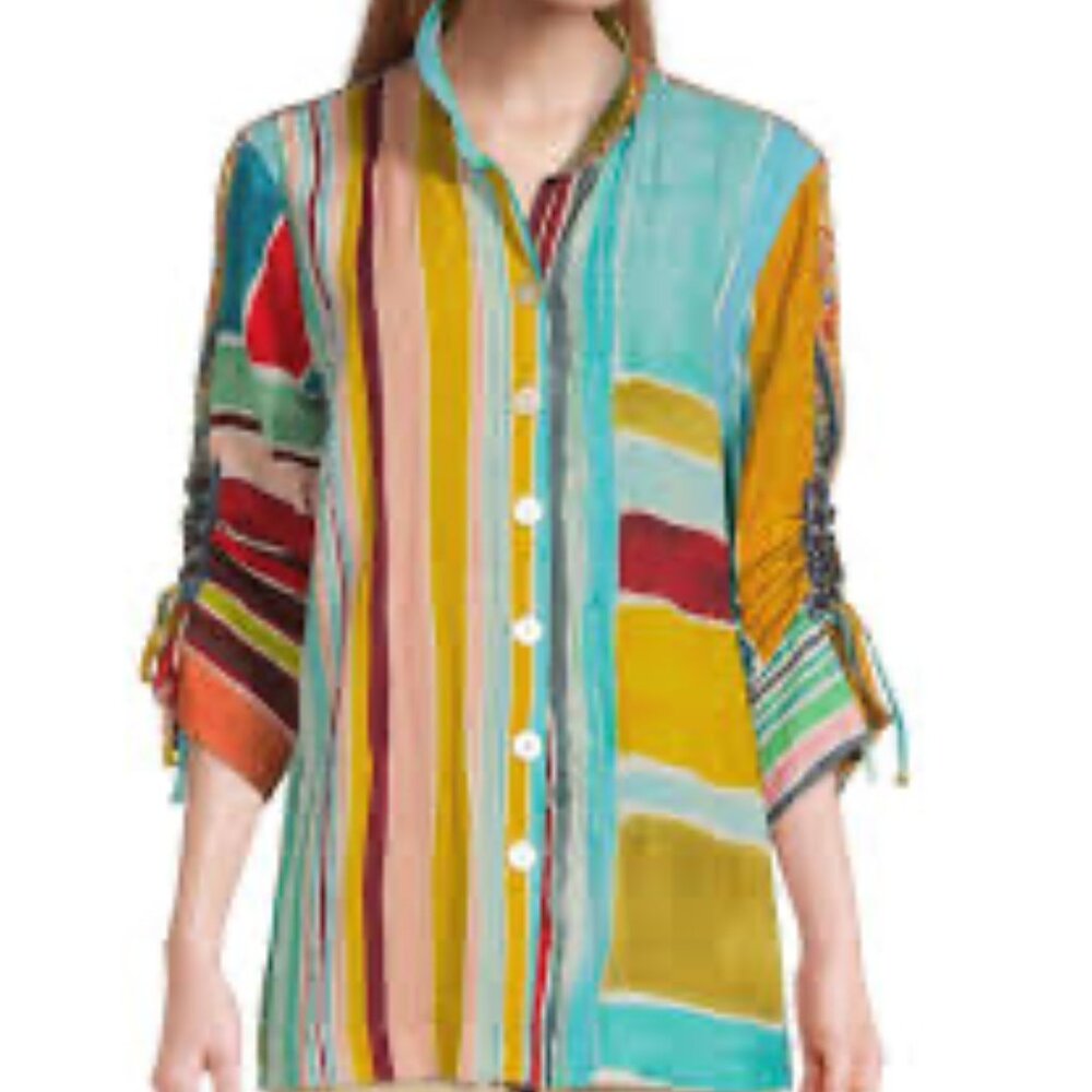 John Mark Multicolor Striped Patchwork Button Fro… - image 1